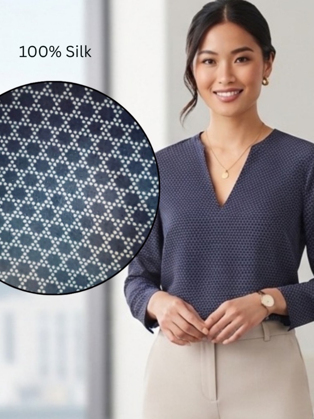 Vince Navy Blue Geometric Silk Tunic Blouse Size 0